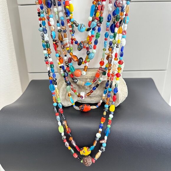 Vintage Multi 9 Strand Naga Tribal Glass Trade Bead Necklace - Picture 2 of 6